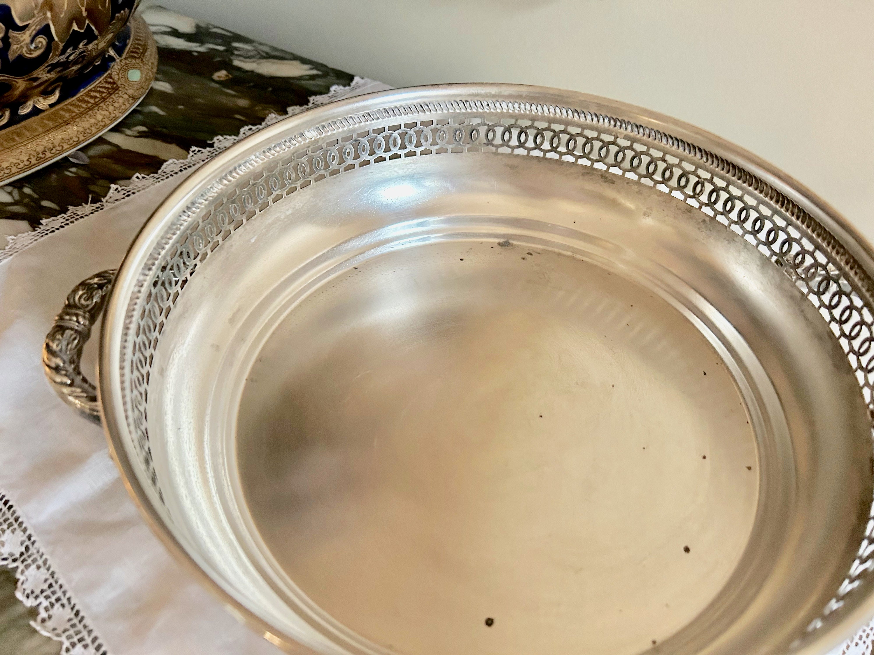 Large Silver Plate Bowl, Towle Silver Plate Bowl with Handles, Pierced