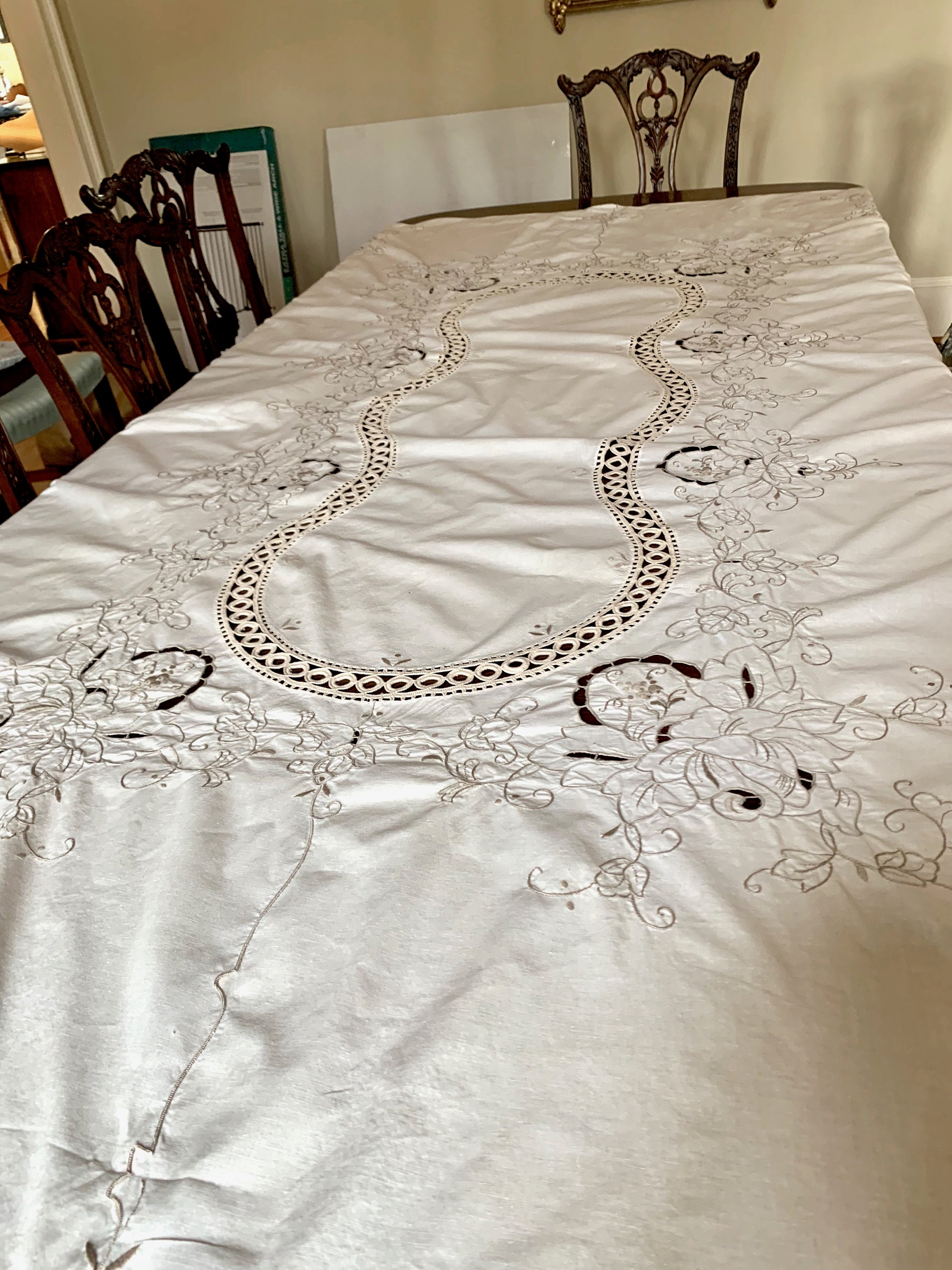 Ecru Madeira Style Tablecloth, Vintage Cream with Taupe Embroidered