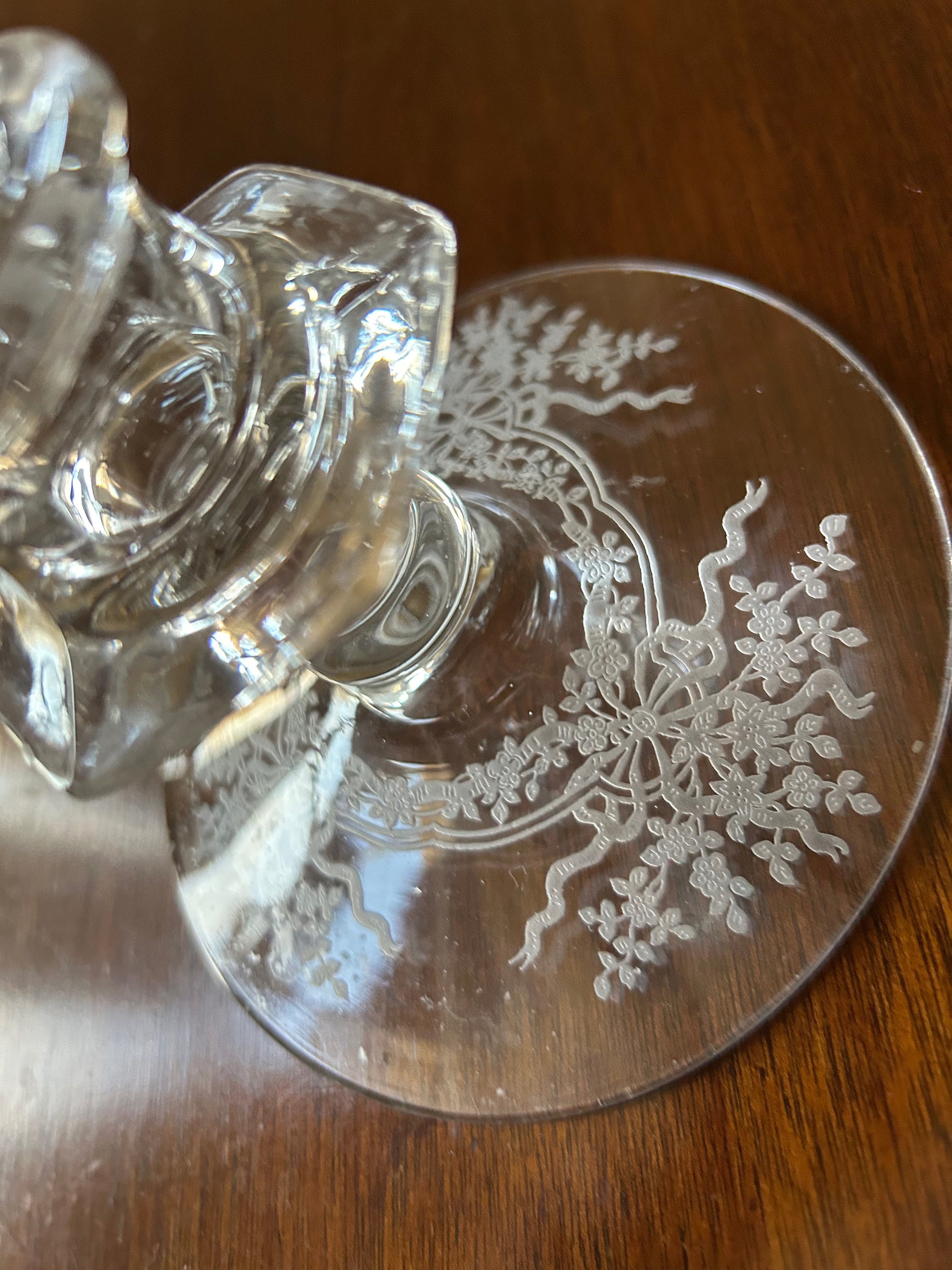 Fostoria June Clear Candlestick, 3 3/8 Inch Clear Fostoria Candlestick  Holder, Etched Ribbons Flowers, Collectible Mid Century Blown Glass