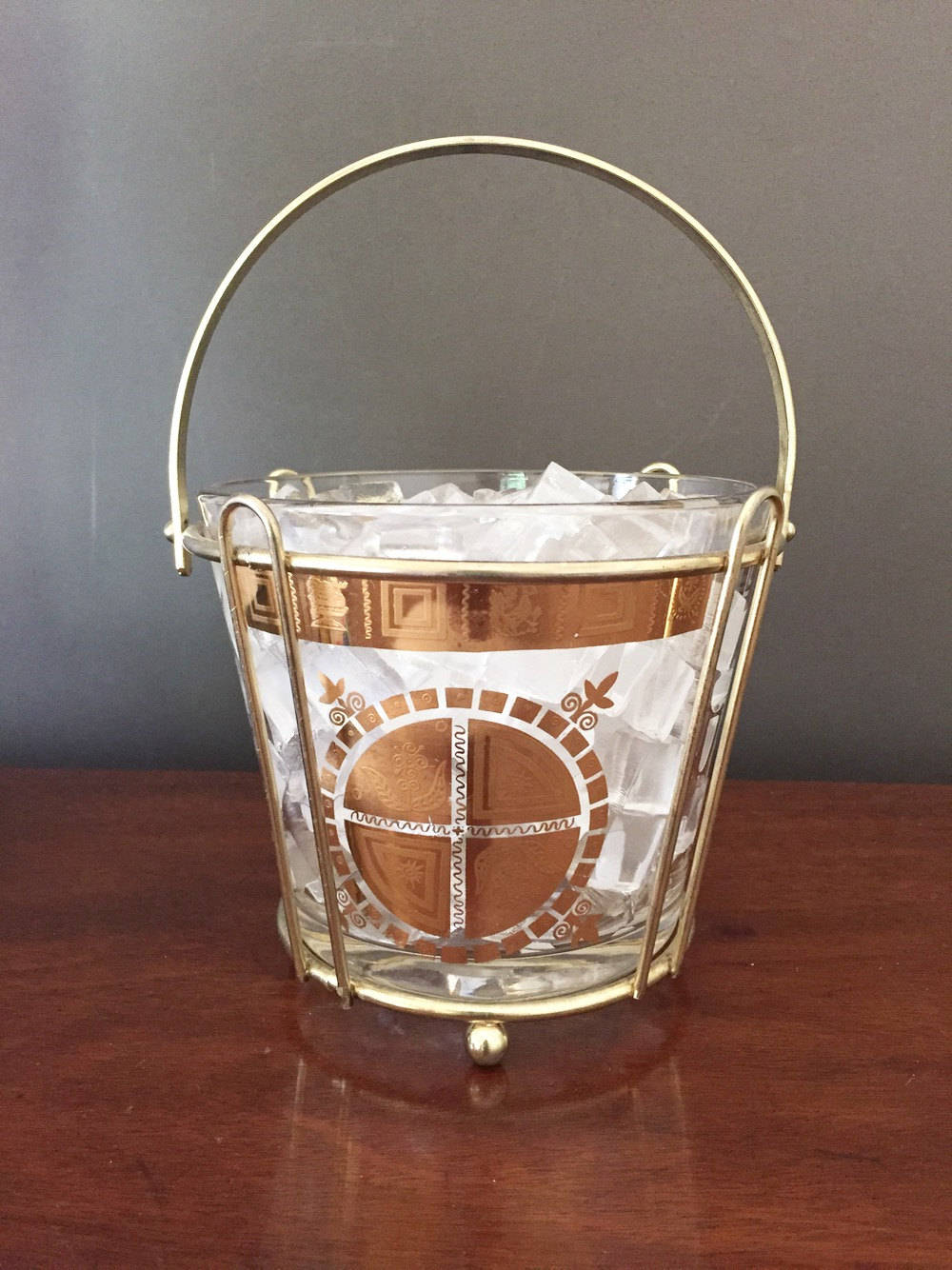 Mid Century Ice Bucket with Tongs, Gold Rim and Design, Hollywood