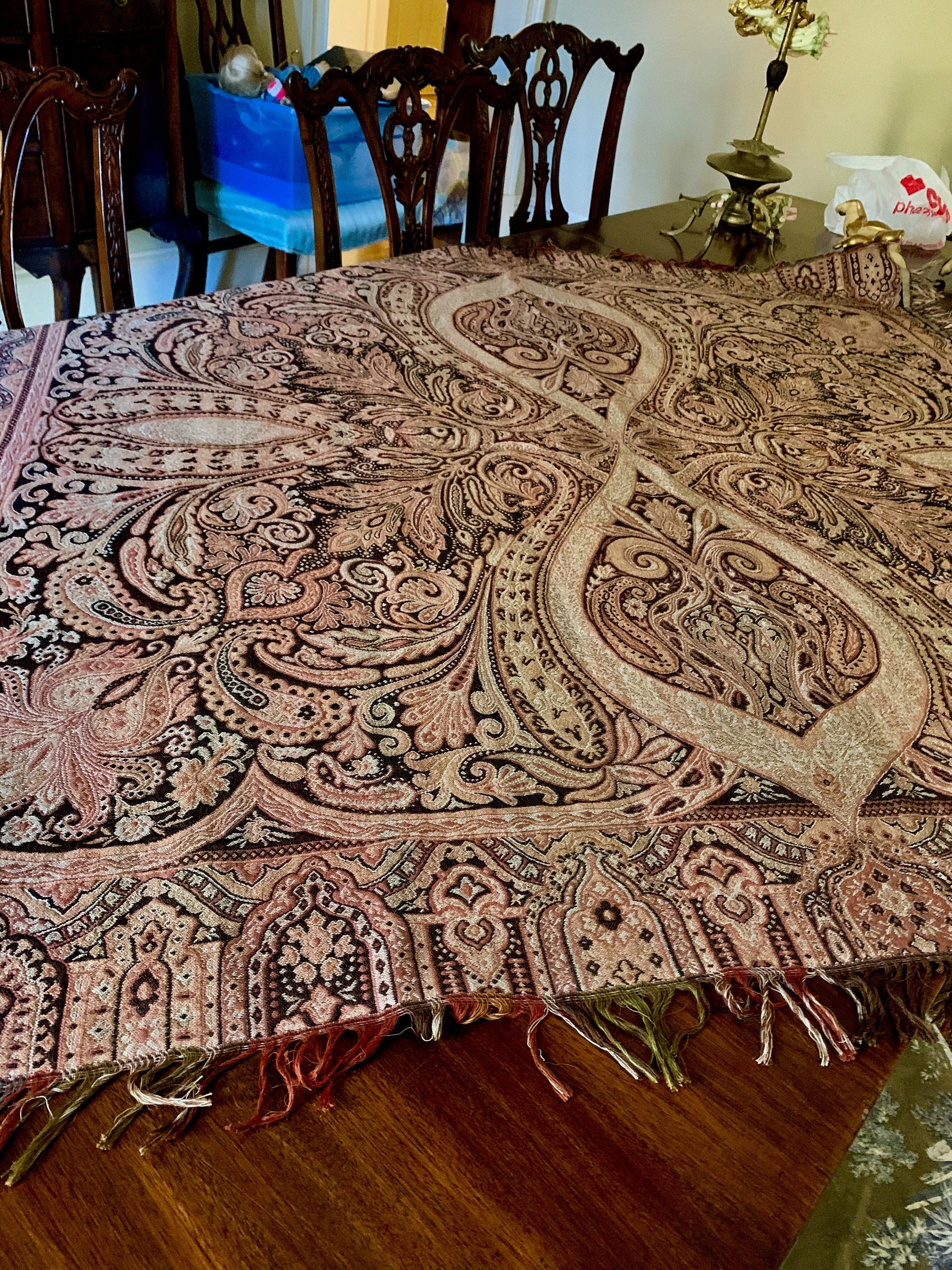 Vintage Wool Table Scarf, Decorative Table Cloth with Fringe, Autumn