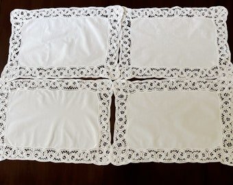 Battenburg Placemats, Set of 4 White Cotton Placemats Battenburg Lace Trim, Cottage Farmhouse Table Linens,