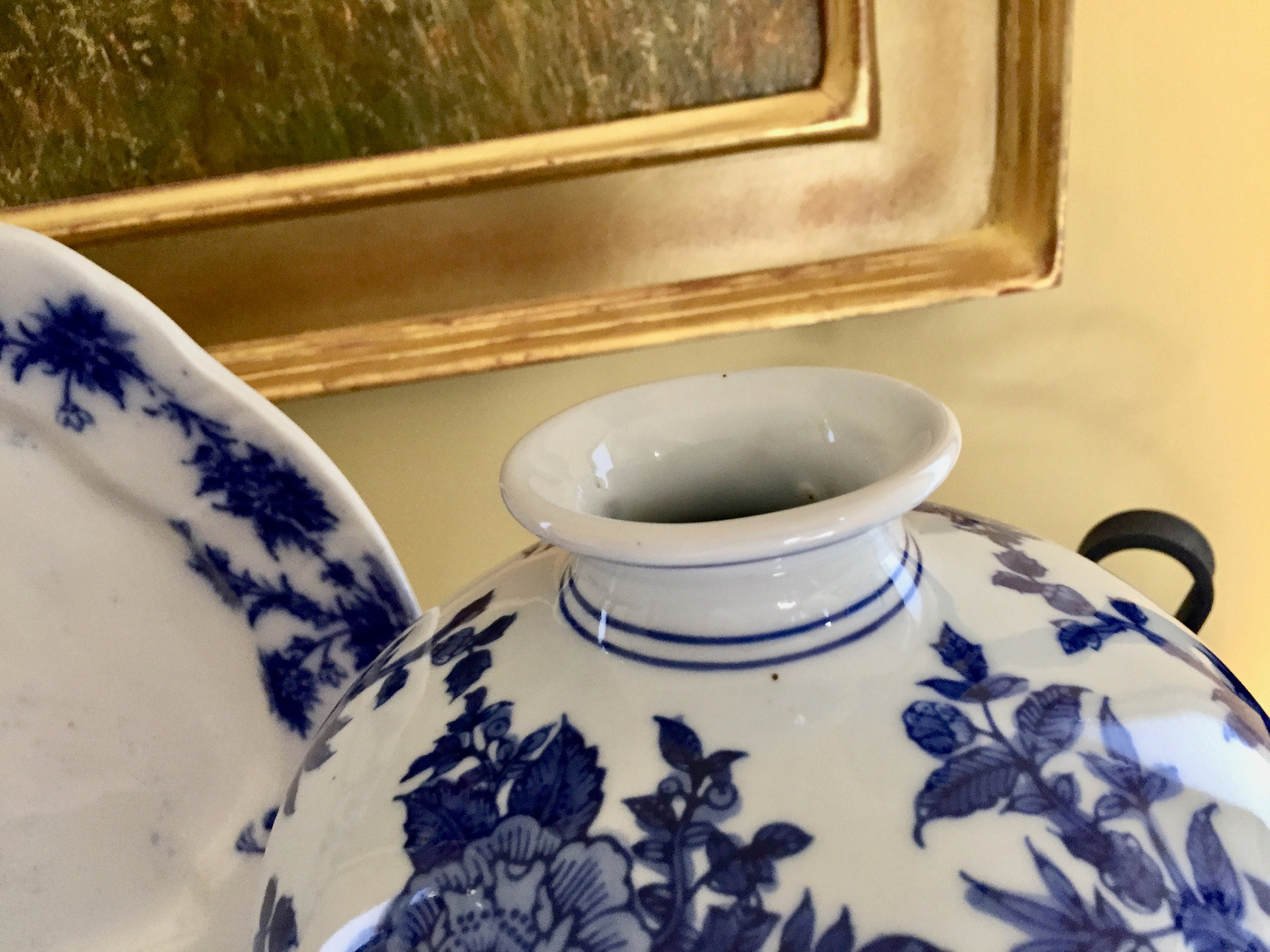 Blue White Chinoiserie Vase, 13 Inch Blue White Asian Vase, Blue White