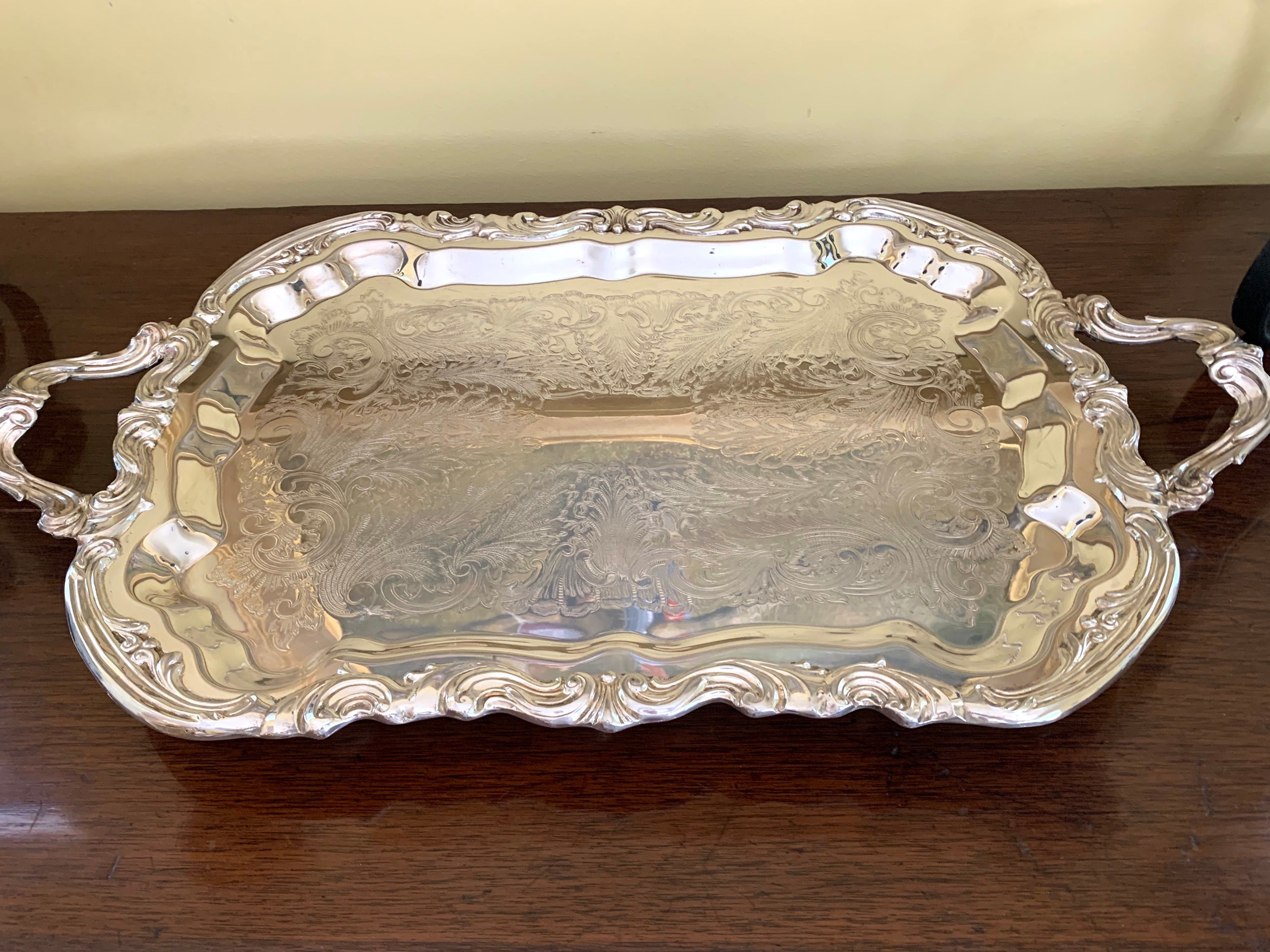 Silver Butlers Tray, Vintage Footed Silver Plate Serving Tray, Large
