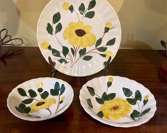 Blue Ridge Southern Pottery Salad Plate, Two Blue Ridge Small Fruit Dessert Bowls, All 3 Sold Together, Yellow Nocturne Colonial Fluted