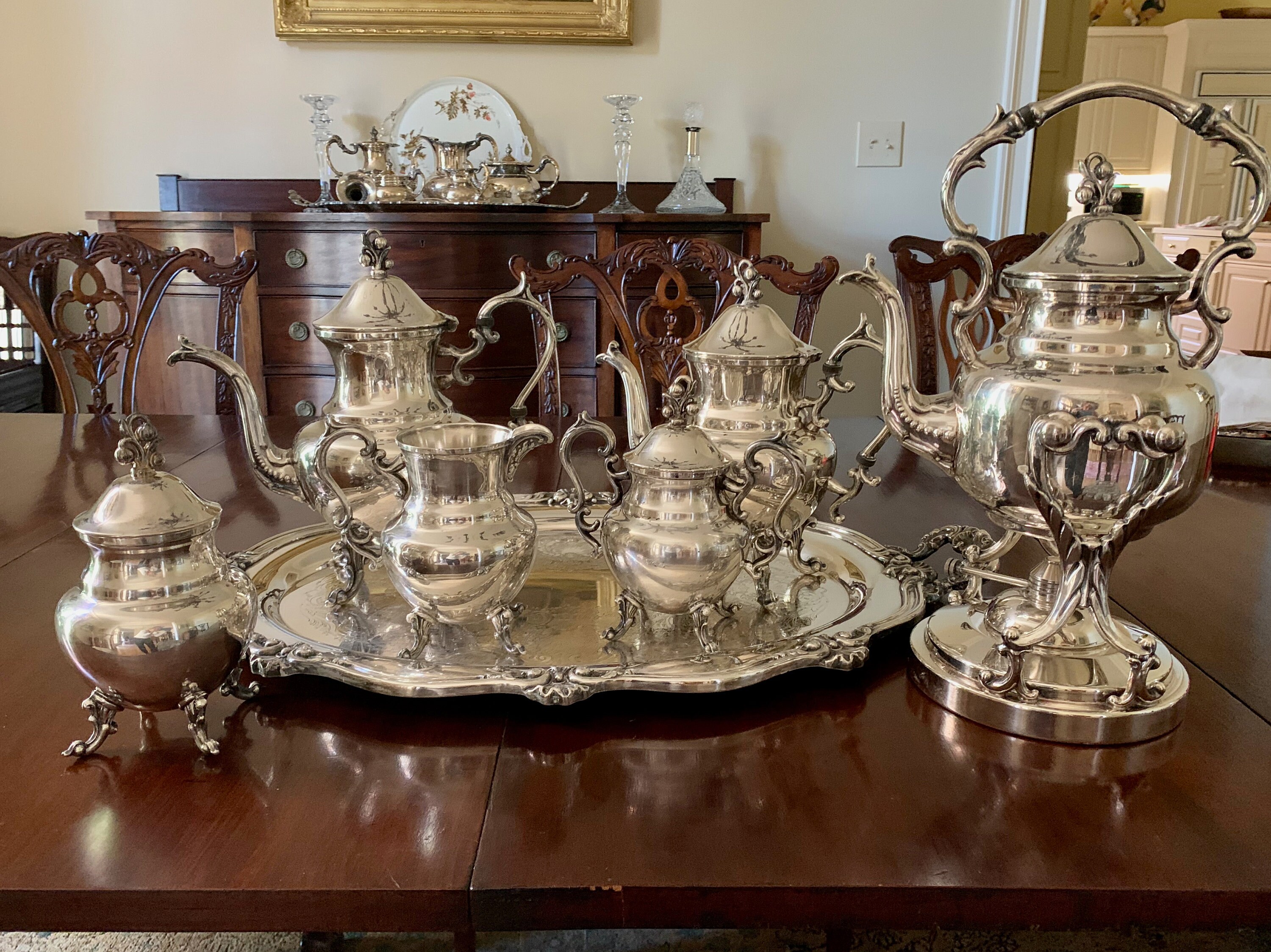 Silver Service Tea Set, Six Piece Silver Plate Coffee Tea Service Set