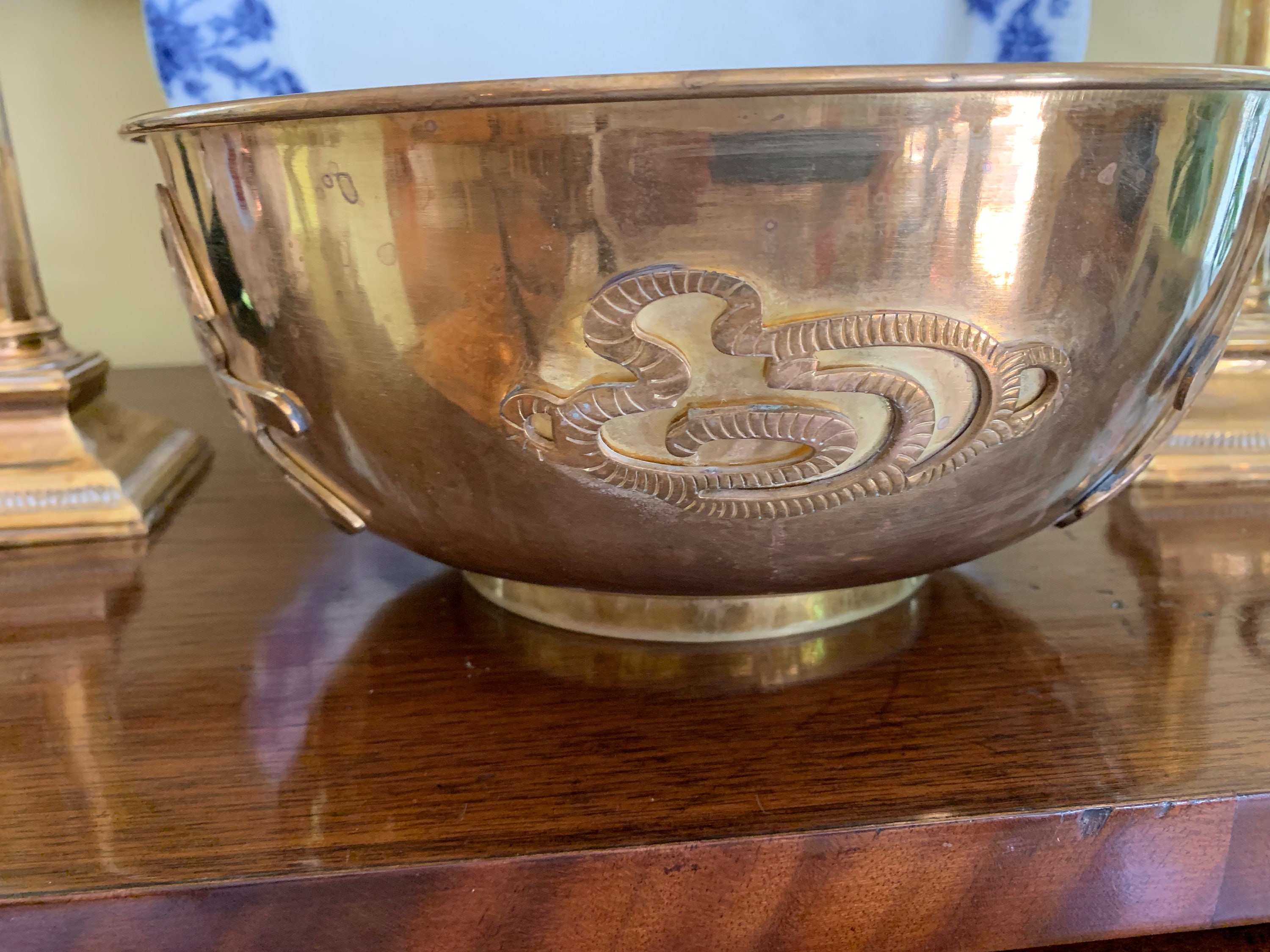 Large Brass Bowl, Asian Chinoiserie Bowl, Brass Centerpiece Bowl