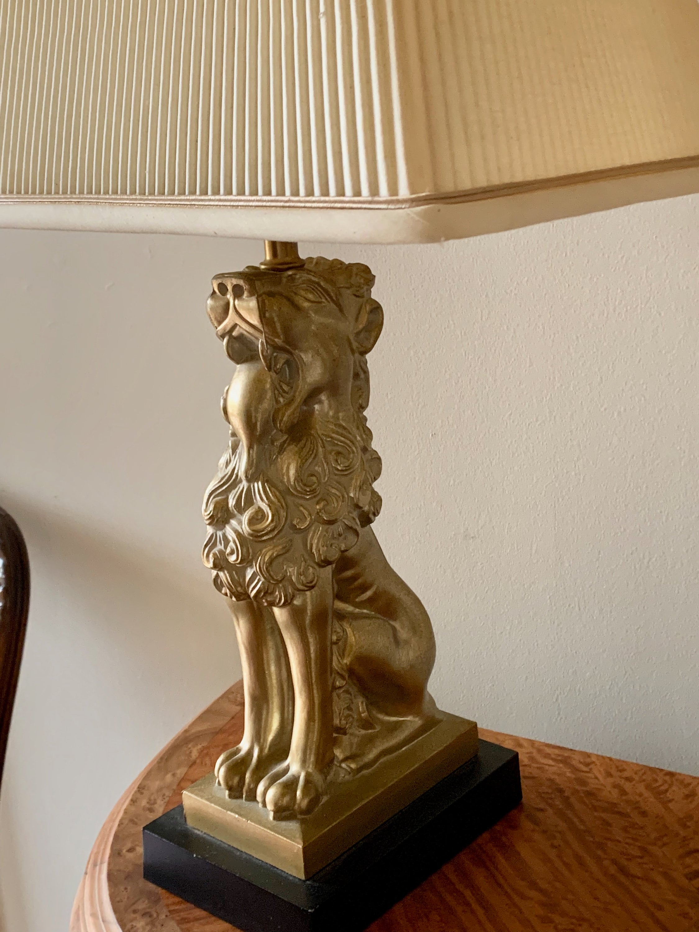 Lion Statue Lamp Gold Tone Sitting Lion With Black Base Vintage