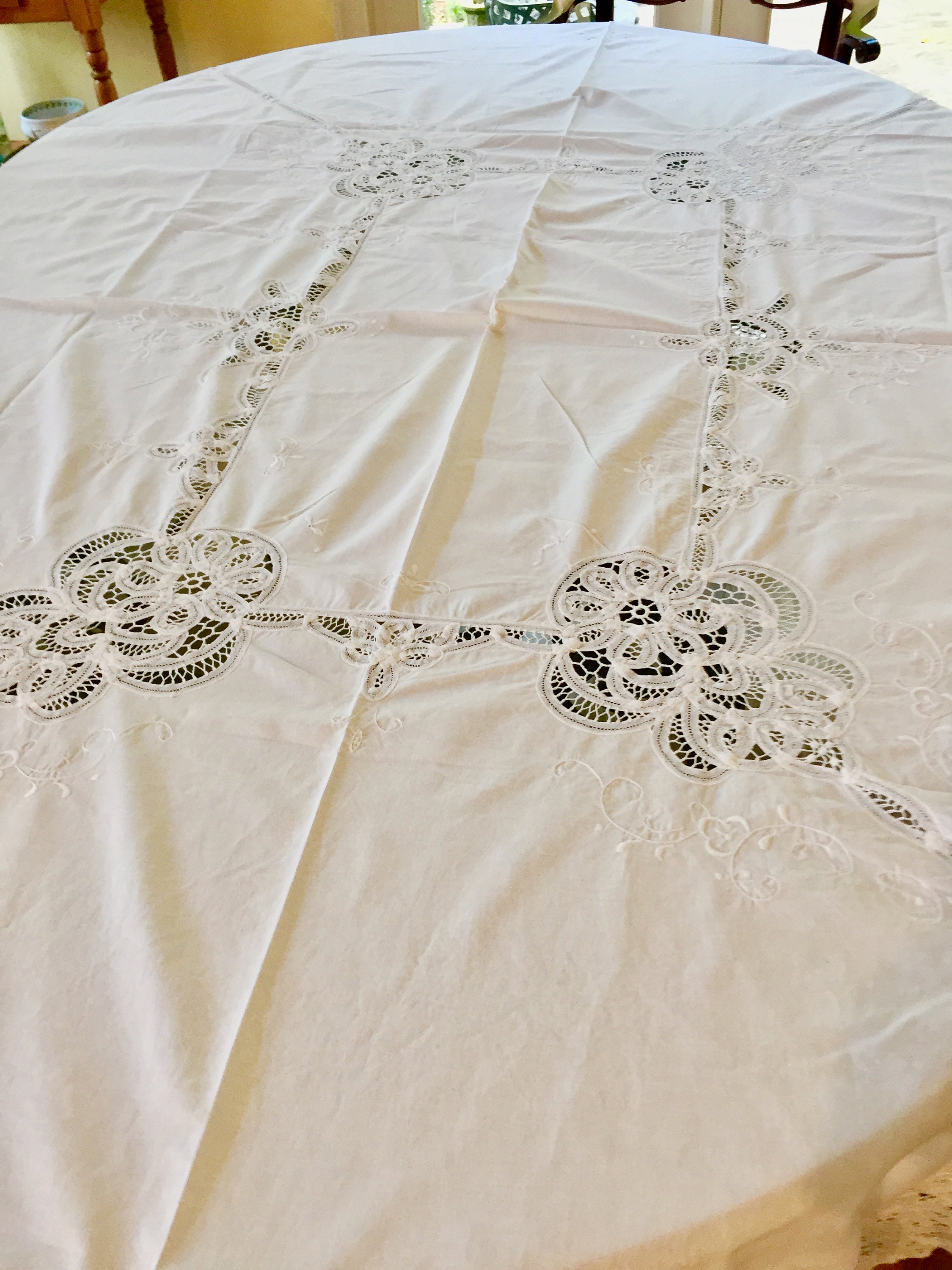 Battenburg Tablecloth, Vintage White Rectangular Embroidered Tablecloth