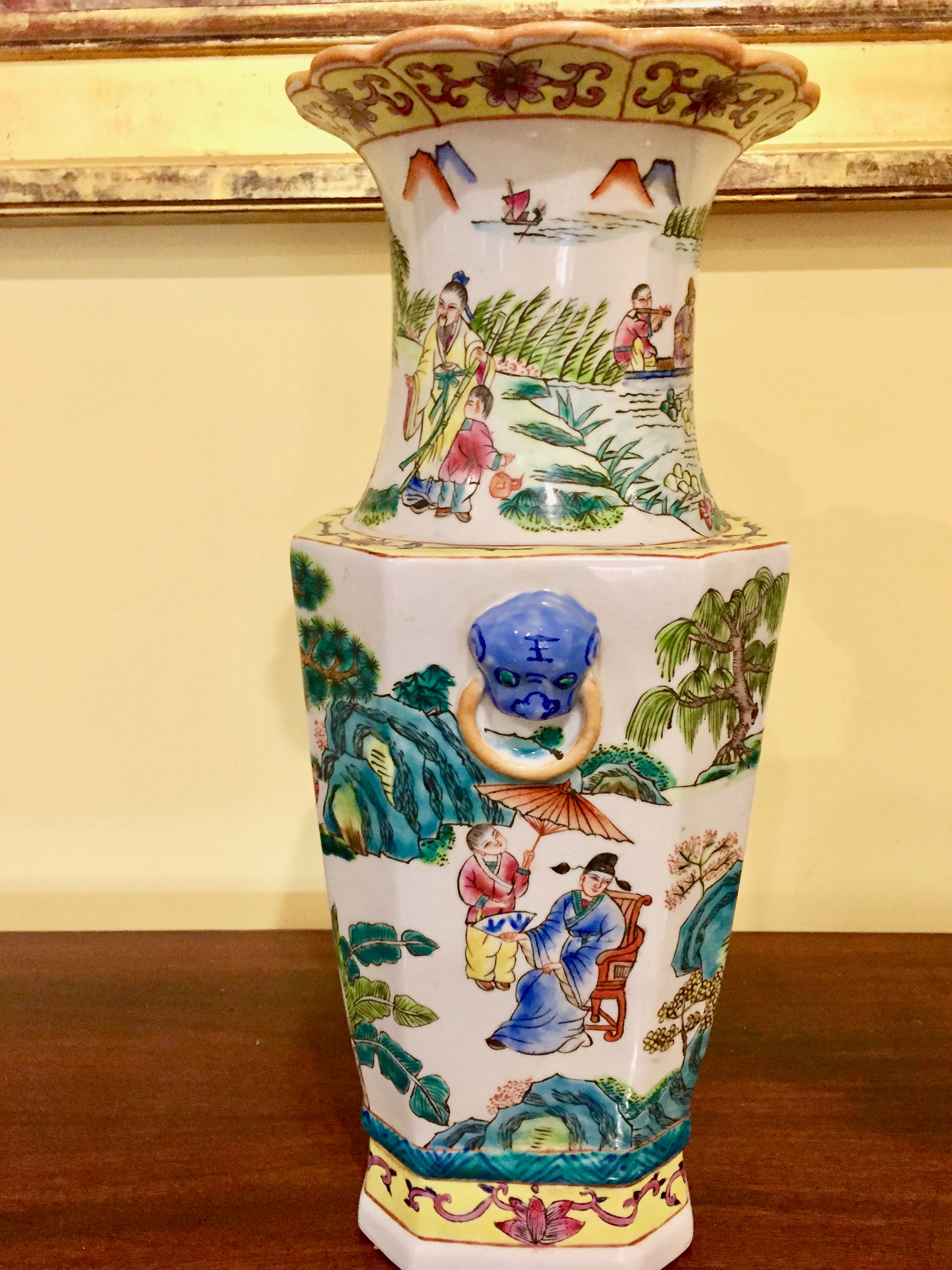 Large Asian Vase Chinese Vase 16 Inches Tall, Blue Green Yellow Colors