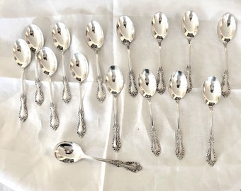 Grand Elegance Teaspoons, Sugar Shell, Set of 14 Silver Plate Teaspoons and One Sugar Shell Sold as Set, Replacement 60's Flatware