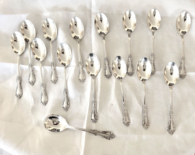 Featured listing image: Grand Elegance Teaspoons, Sugar Shell, Set of 14 Silver Plate Teaspoons and One Sugar Shell Sold as Set, Replacement 60's Flatware