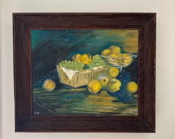 Vintage Fruit Still Life, Framed Oil Signed FW Still Life of Basket Grapes Apples, Blue Yellow Green Colors, Oak Frame, Cottage Farmhouse