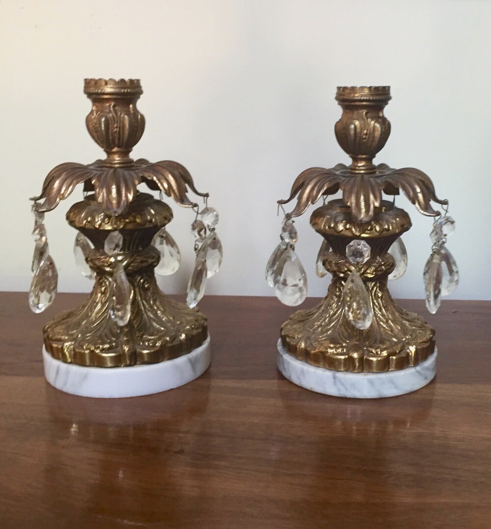 Italian Brass Candle Holders Hollywood Regency Marble Base Brass