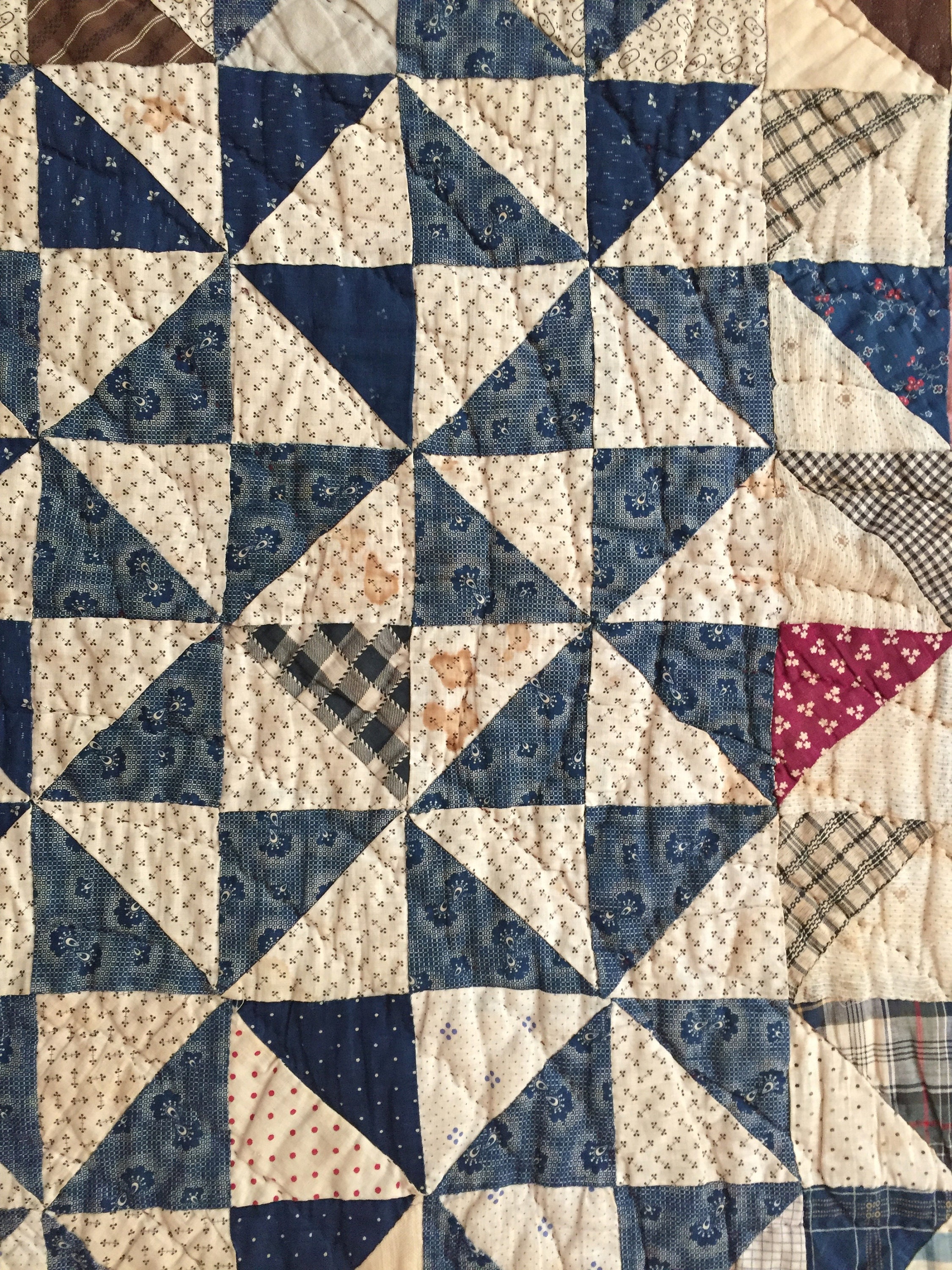 Vintage Handmade Pinwheel Quilt, Southern Quilt, Black Indigo Blue Tan