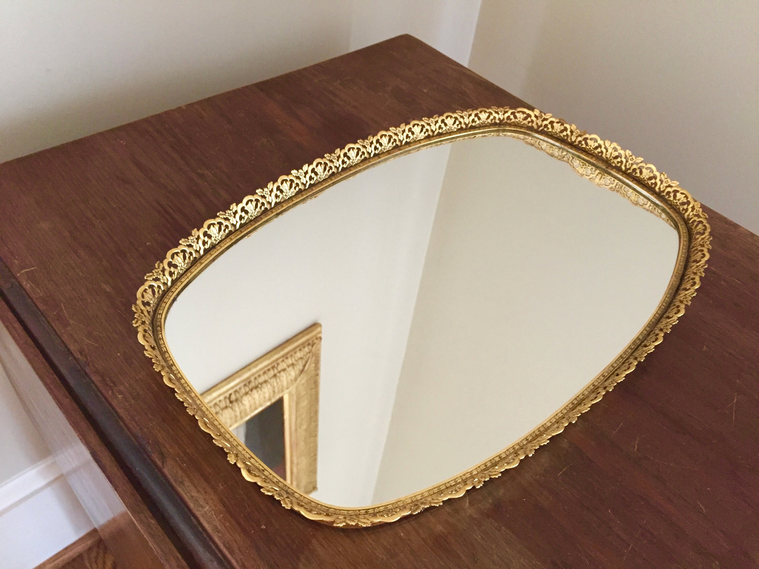 Vintage Brass Filigree Vanity Perfume Tray, Mirrored Brass Hollywood