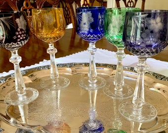 Colored Cut to Clear Crystal Wine Goblets, Set of 5 Crystal Wine Hocks, Amber, Green, Blue, Burgundy, Purple Crystal Cut to Clear Wine Stems