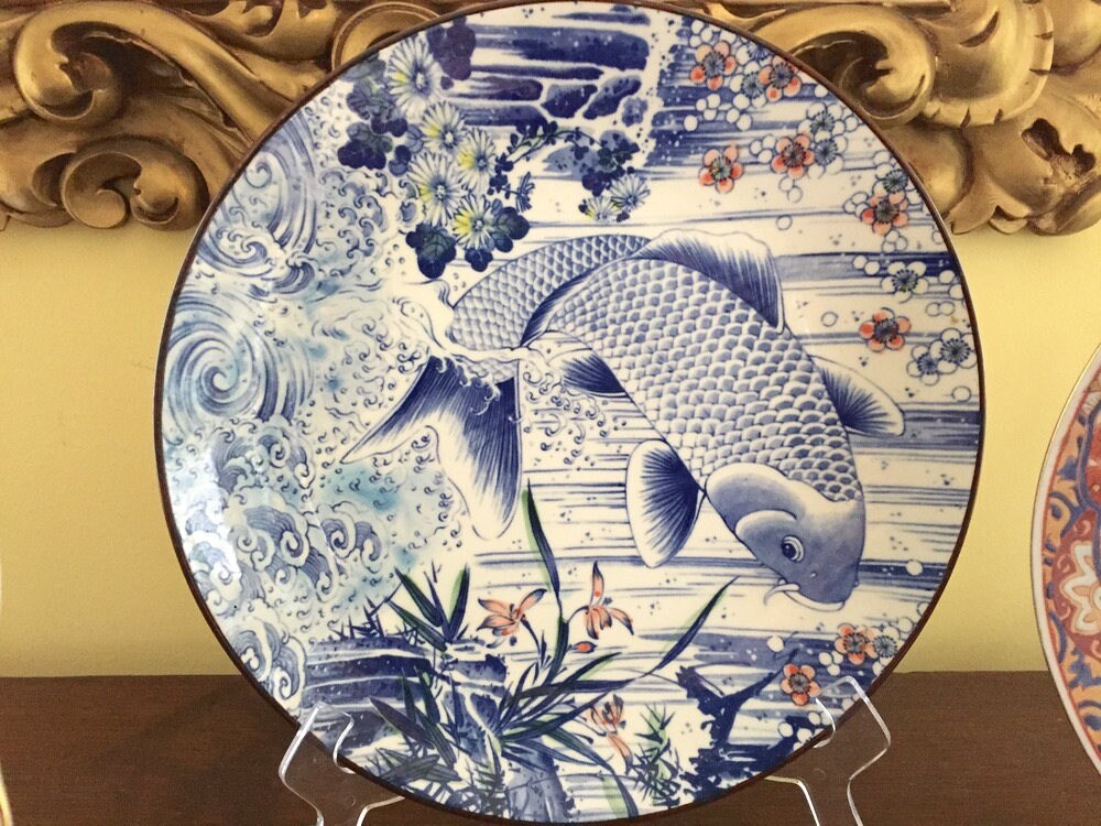 Large Chinoiserie Plate, Blue White Koi Fish Decorative Plate, Asian