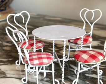 Doll House Furniture, Vintage Ice Cream Parlor 4 Chairs for Doll House,  70's White Metal Table with Metal Chairs,