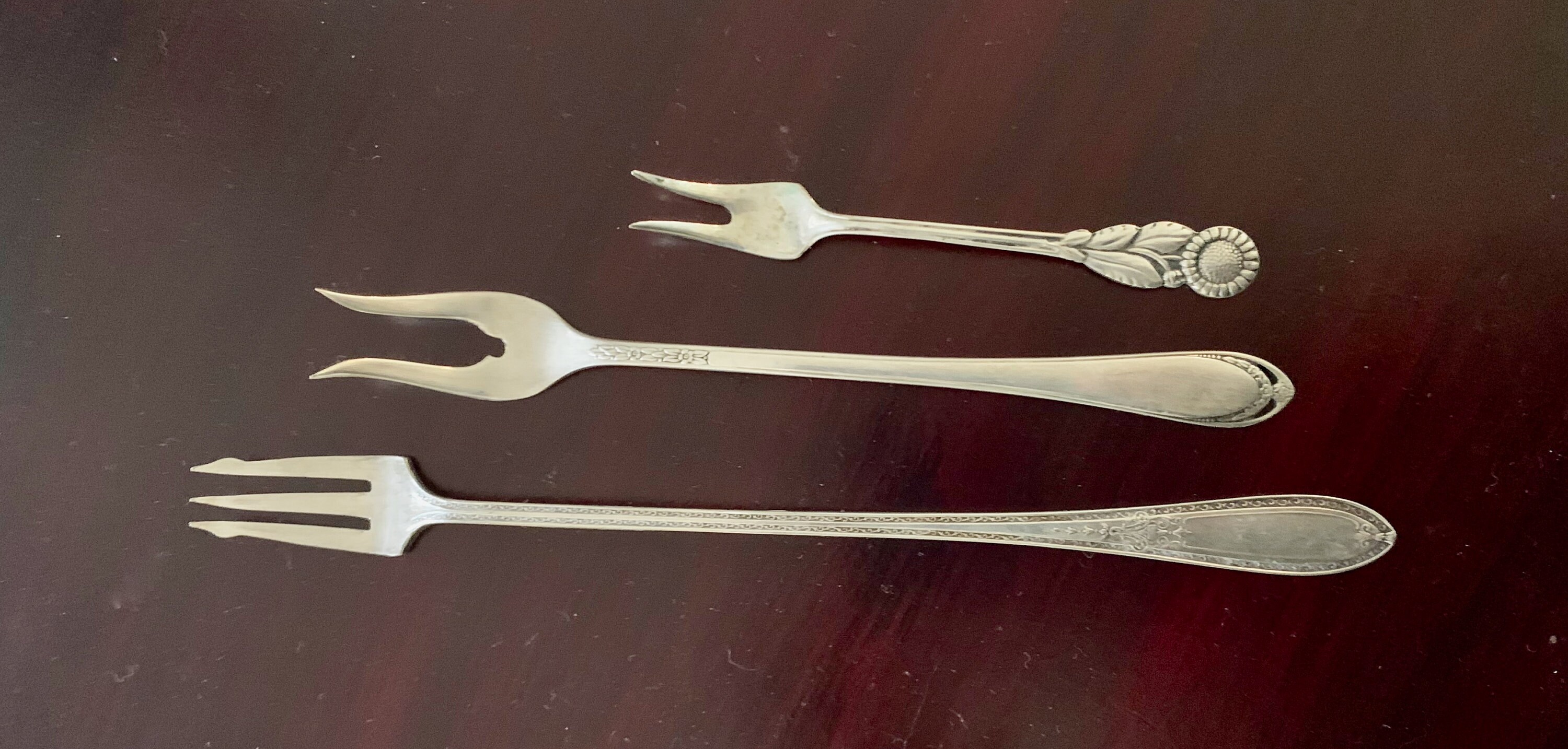 Three Silver Plate Serving Forks, Small Lemon Fork, Olive Fork, Pickle