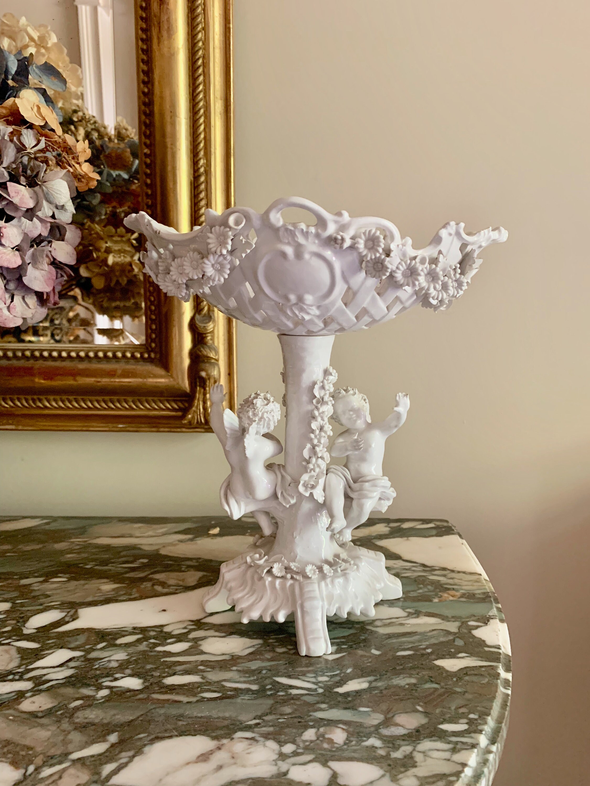Italian Cherub Compote, Footed Majolica Style Italian White Pedestal