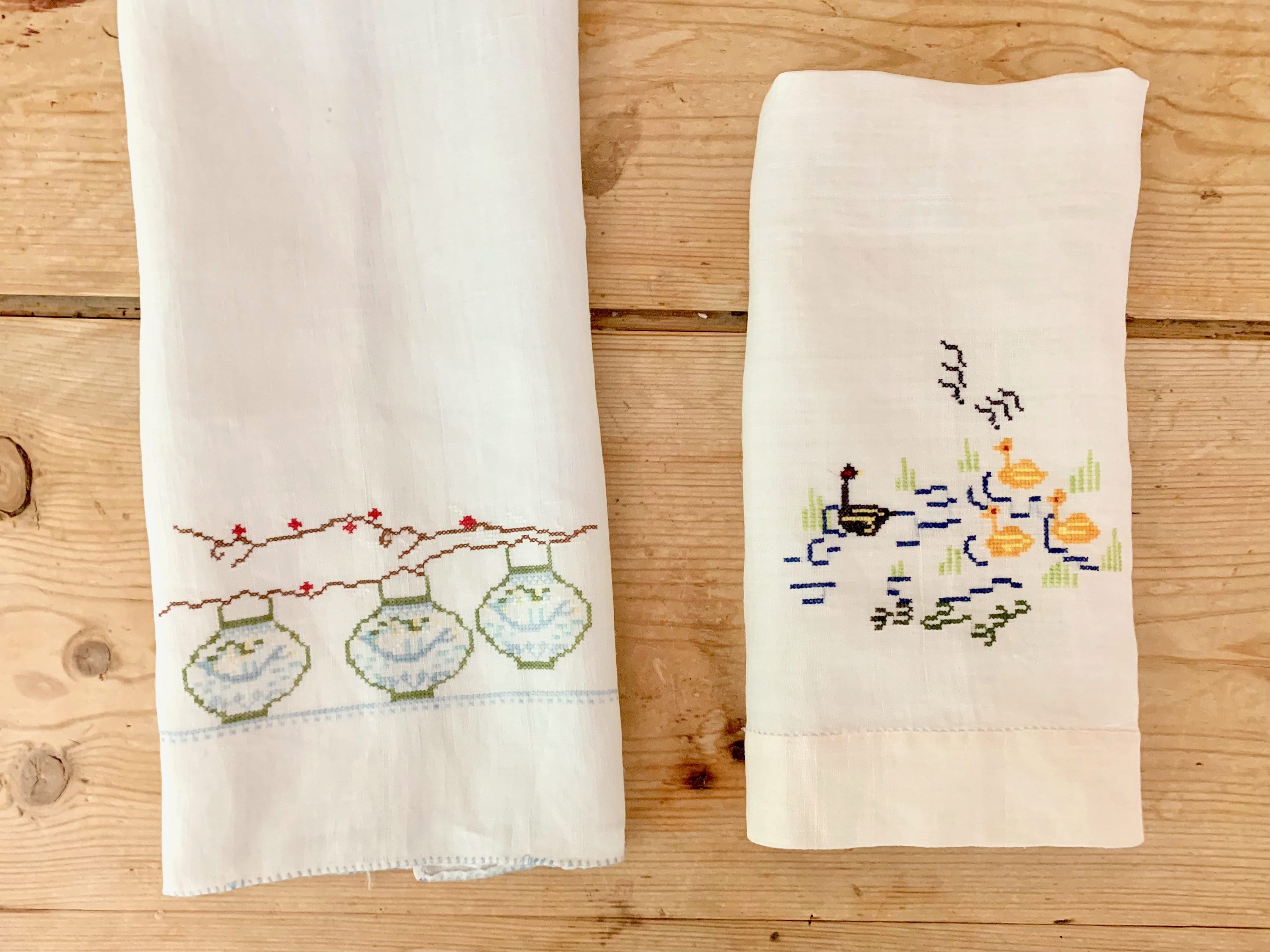 Two Linen Tea Towels, Petit Point Japanese Lanterns Blue White, Petit