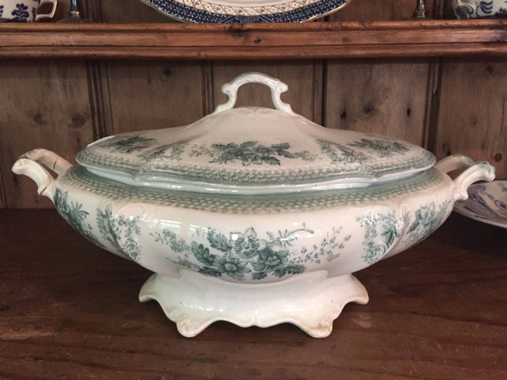 Antique Tureen, W.H. Grindley, Brussels Pattern, Green Transferware, Soup Tureen, Handle