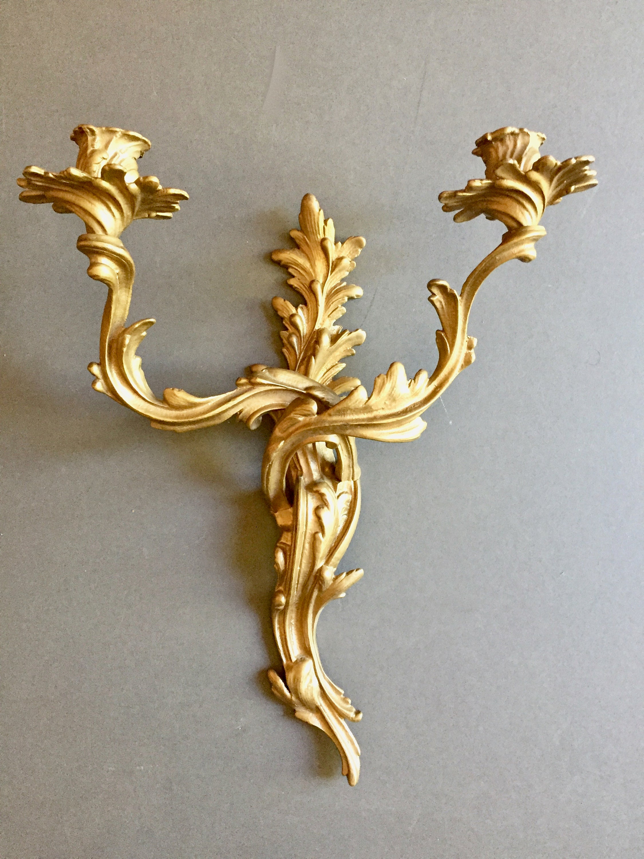 Pair Iron Candle Wall Sconces, Gold Toned 2 Light French Style Wall