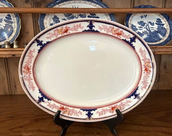 Wood Sons Lorraine Platter, Antique English Semi Porcelain 14 Inch Platter, Lorraine Multicolor English Platter, Cobalt Blue Gold Cinnabar