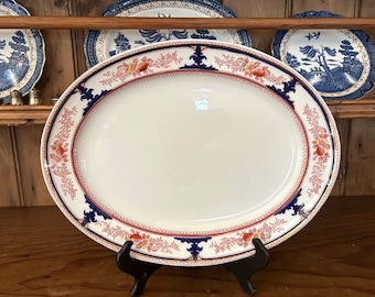 Wood Sons Lorraine Platter, Antique English Semi Porcelain 14 Inch Platter, Lorraine Multicolor English Platter, Cobalt Blue Gold Cinnabar