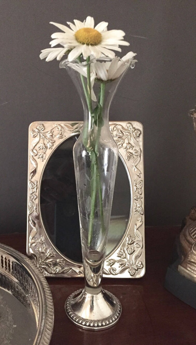 Sterling Silver Crystal Bud Vase, Duchin Sterling Base, Fluted Etched