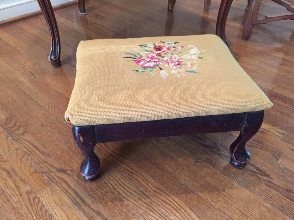 Vintage Needlepoint Foot Stool, Small Mahogany Stool, Needlepoint Petit