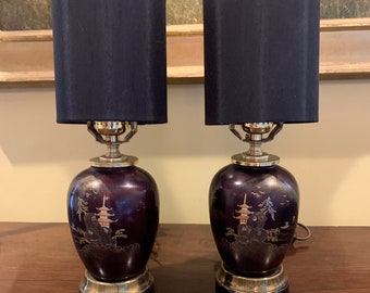 Pair Japanese Lamps, Vintage Mid Century Porcelain Lacquered Lamps, Dark Oxblood Burgundy Color, Two Ginger Jar Kyowa Porcelain Vase Lamps,