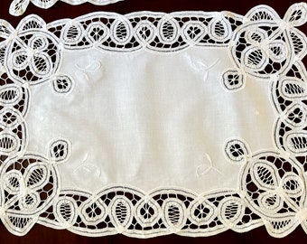 Battenburg Placemats, Set of 8 White Placemats Battenburg Lace Trim, Lace Table Linens, Holiday Dining, Linen Shower Gift