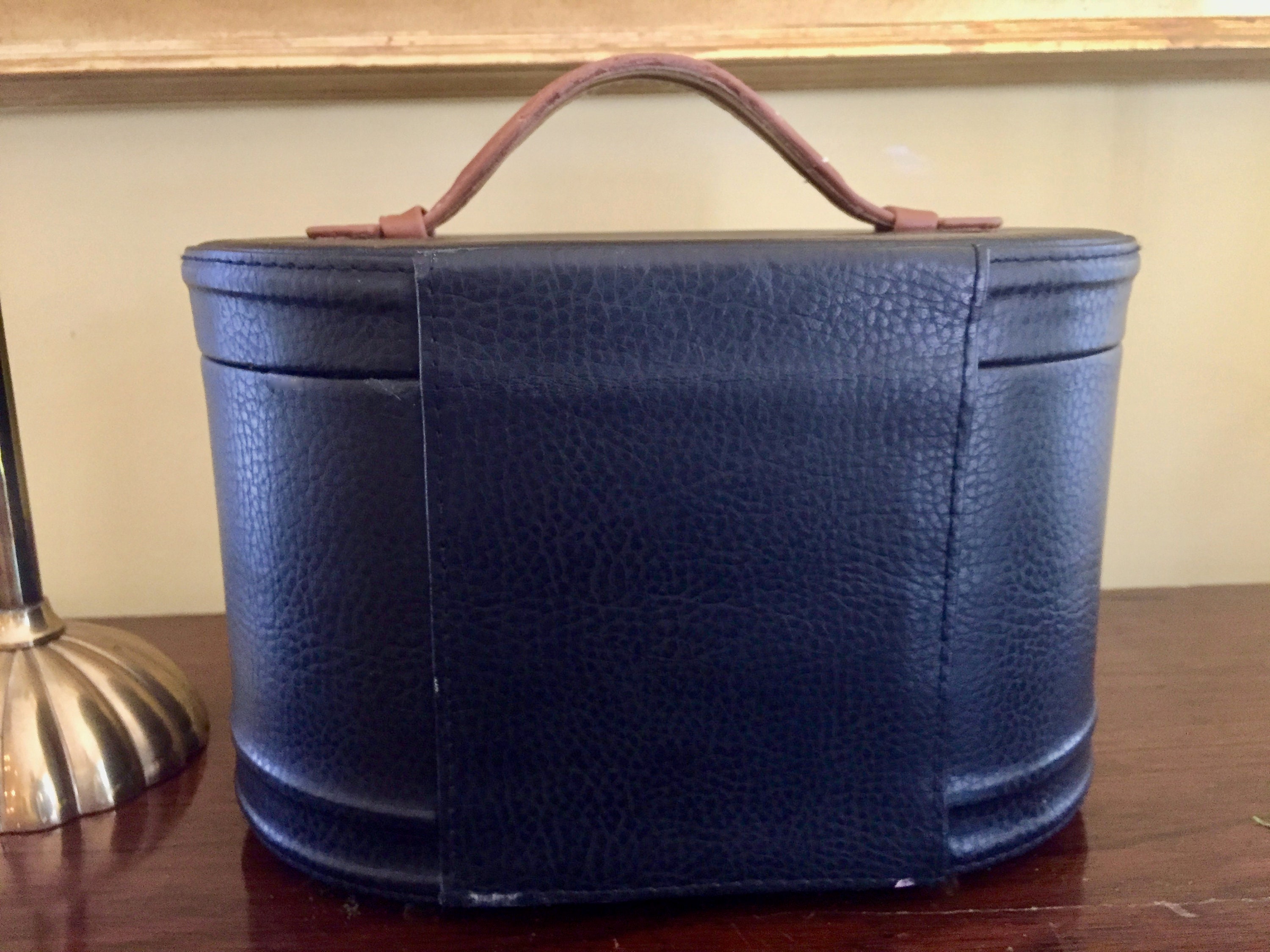 Vintage Leather Makeup Case, Brown Tan Herringbone Lining, Oval Shaped