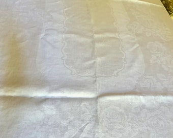Linen Damask Tablecloth, Antique White Ivory Double Damask Rose Pattern Tablecloth, Holiday Dining, Wedding Bridal, Reception Tablecloth