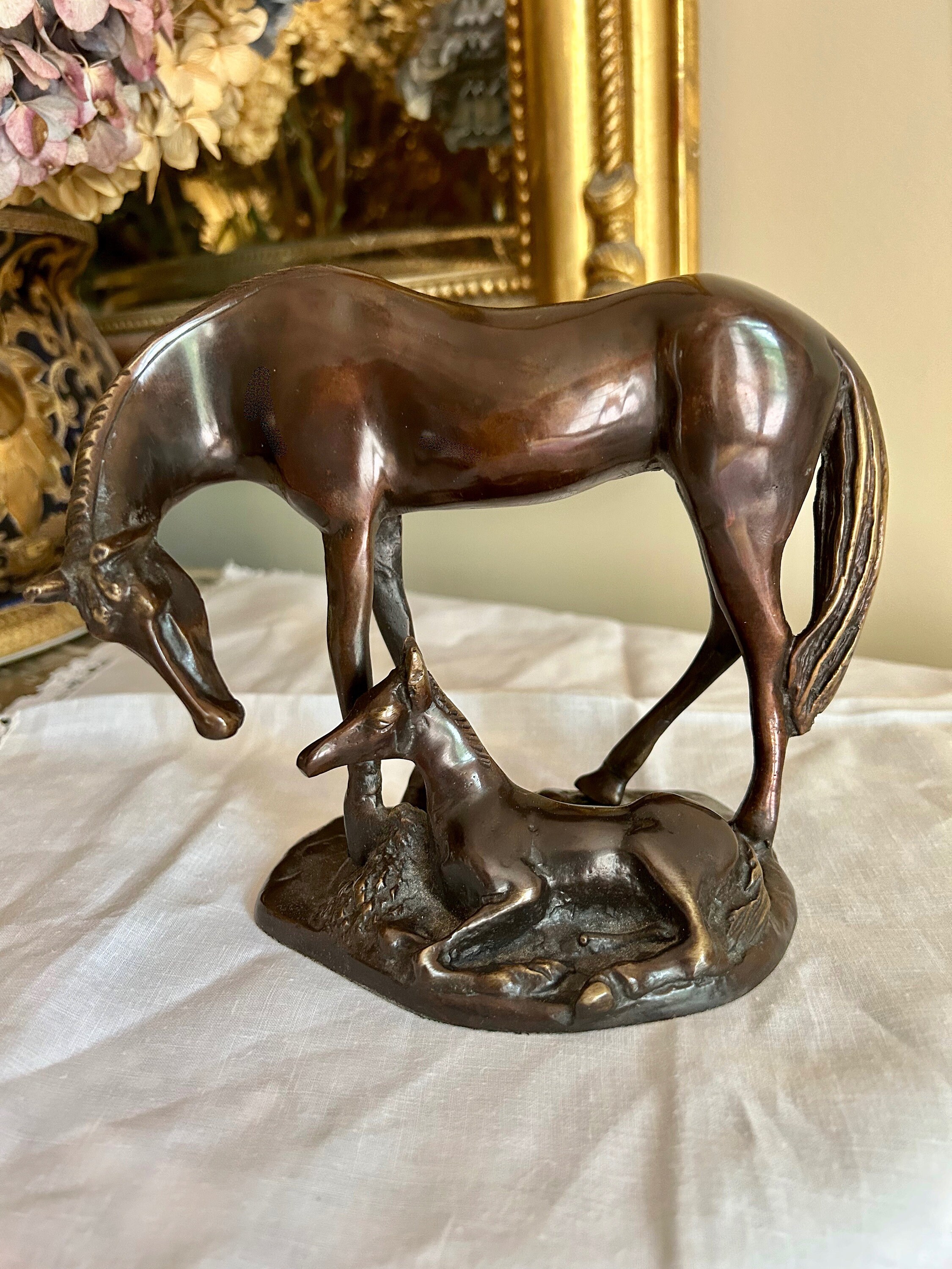 Vintage Horse Sculpture, Bronze Colored Equestrian Metal Sculpture with