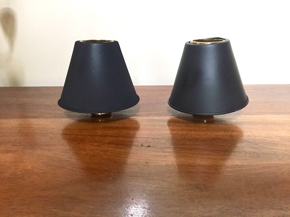 Pair of Black Metal Shades, Brass Candle Covers with Shades, Vintage