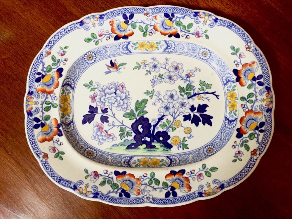 Antique Blue White Ironstone Platter, English Ashworth Ironstone