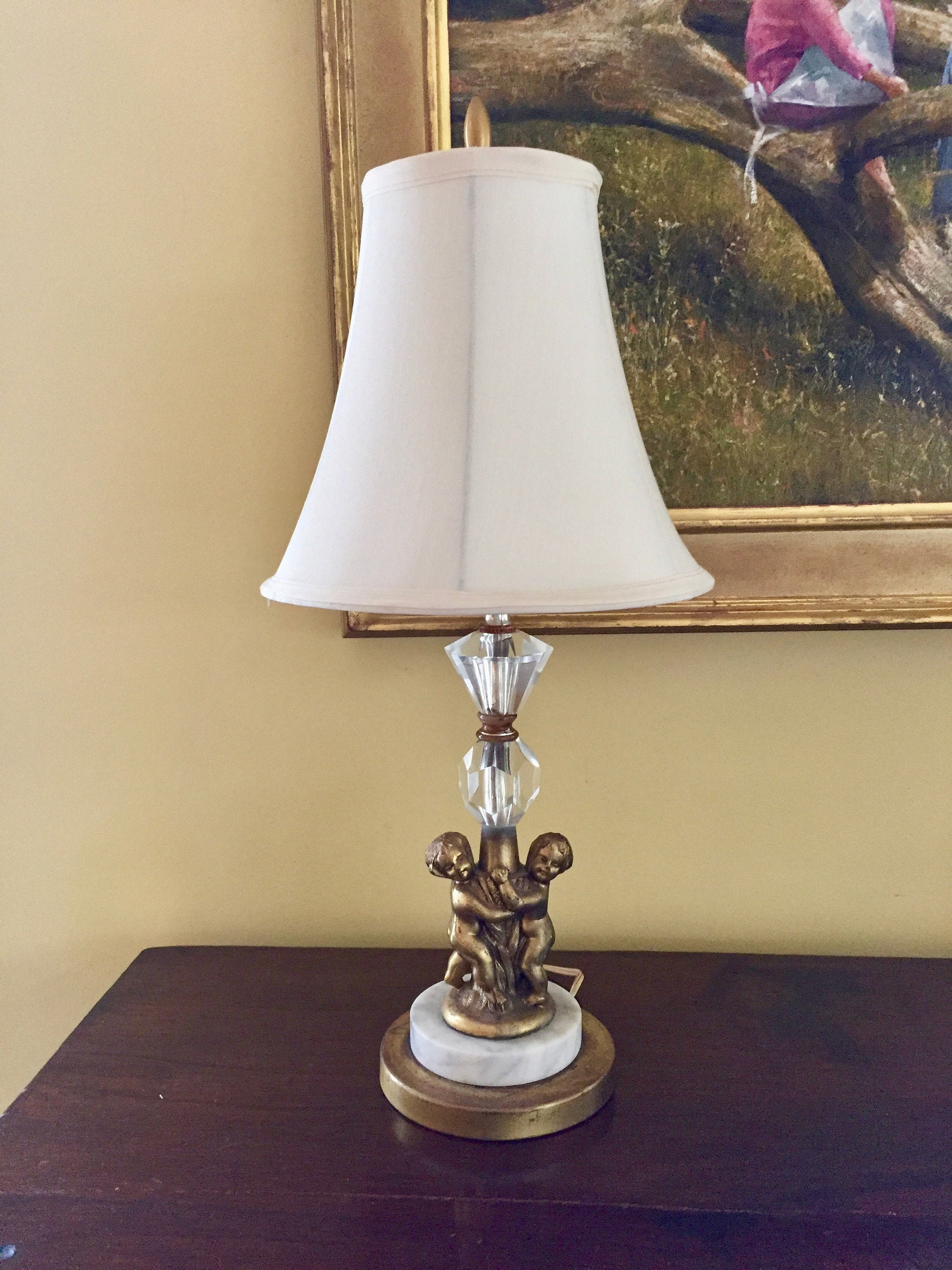 Reserve, Cherub Table Lamp, Marble Brass Base, Hollywood Regency Design