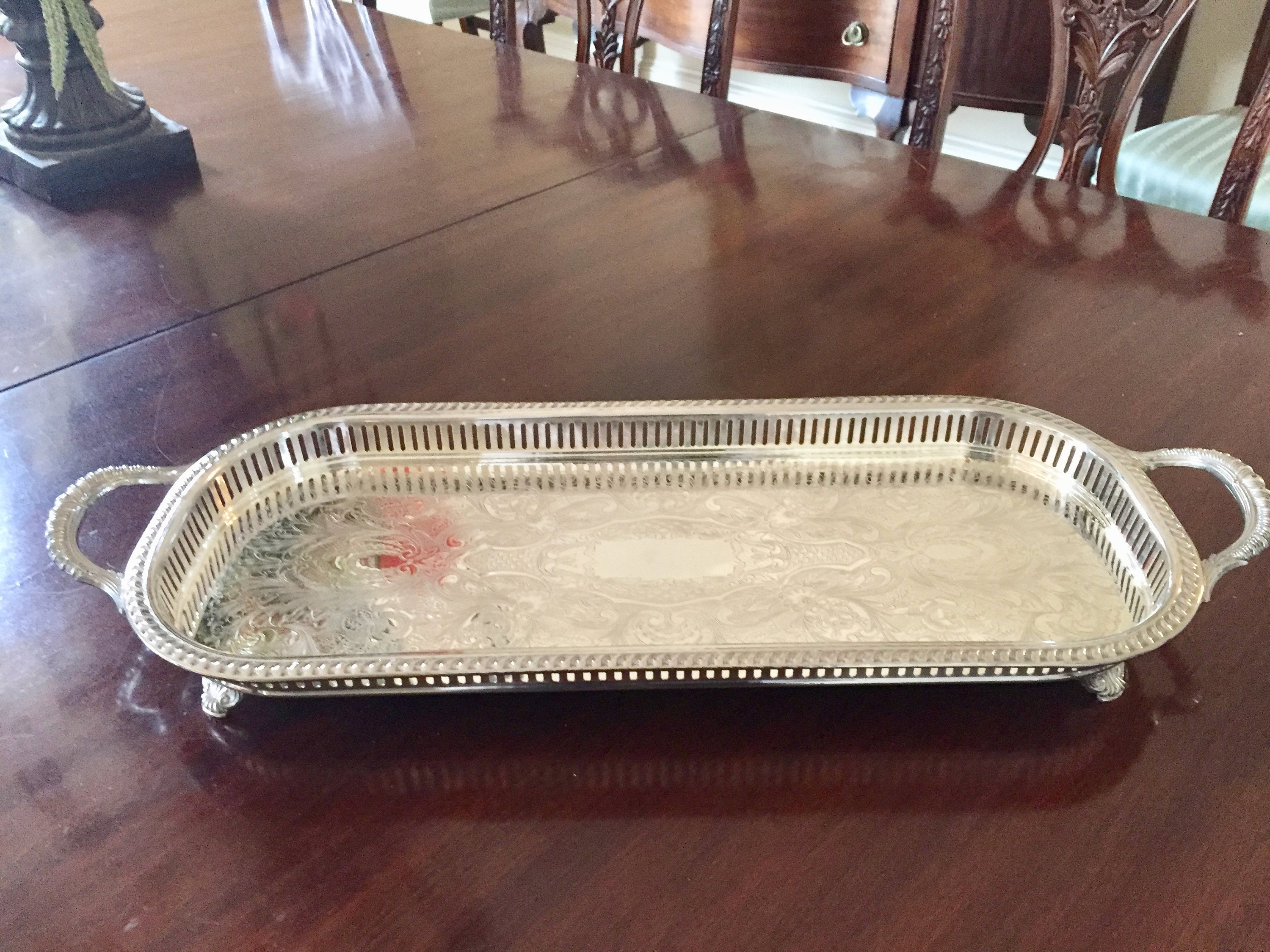 Large Silver Gallery Tray, Oblong Shaped Footed Serving Tray, Vintage