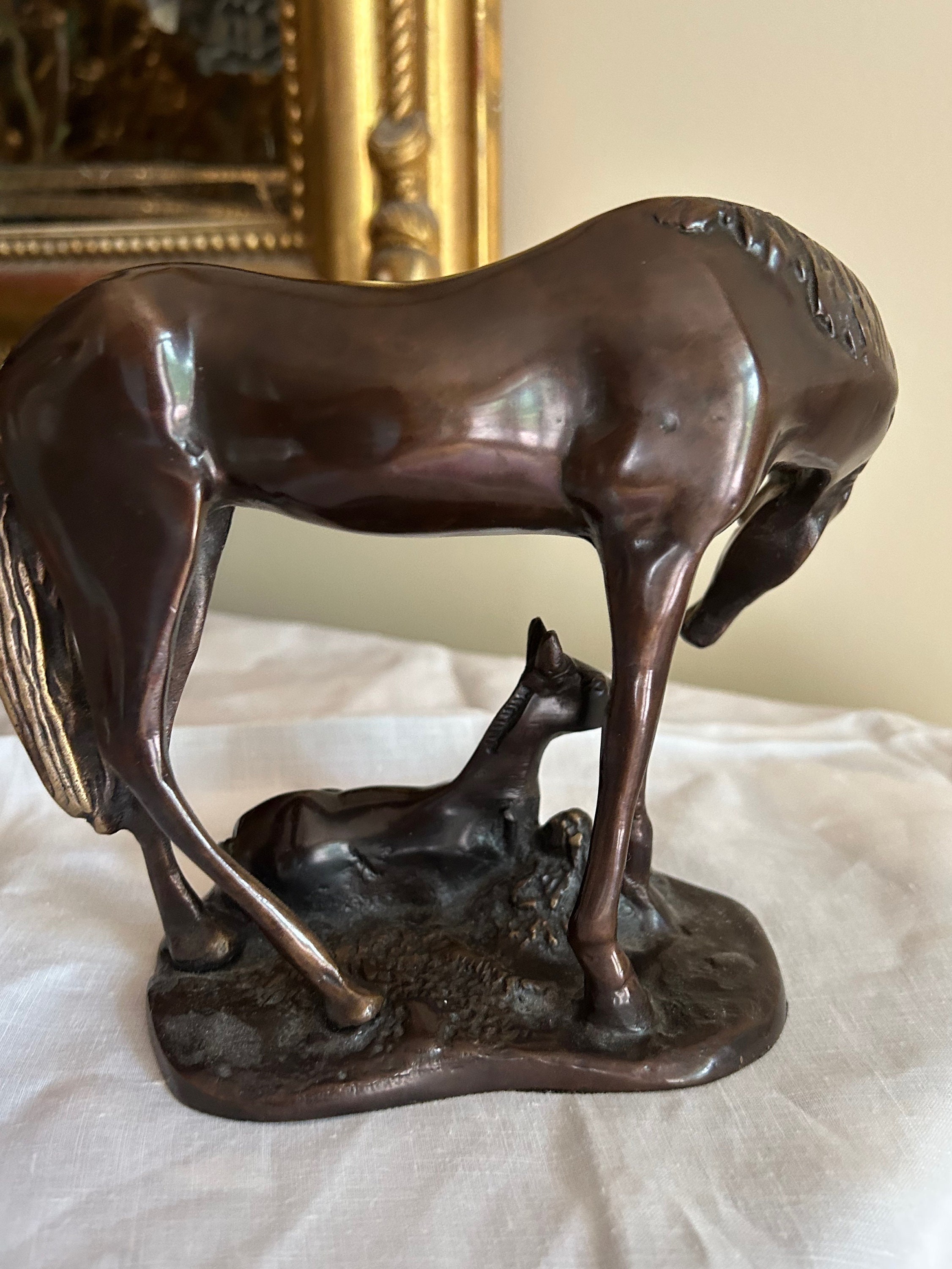 Vintage Horse Sculpture, Bronze Colored Equestrian Metal Sculpture with
