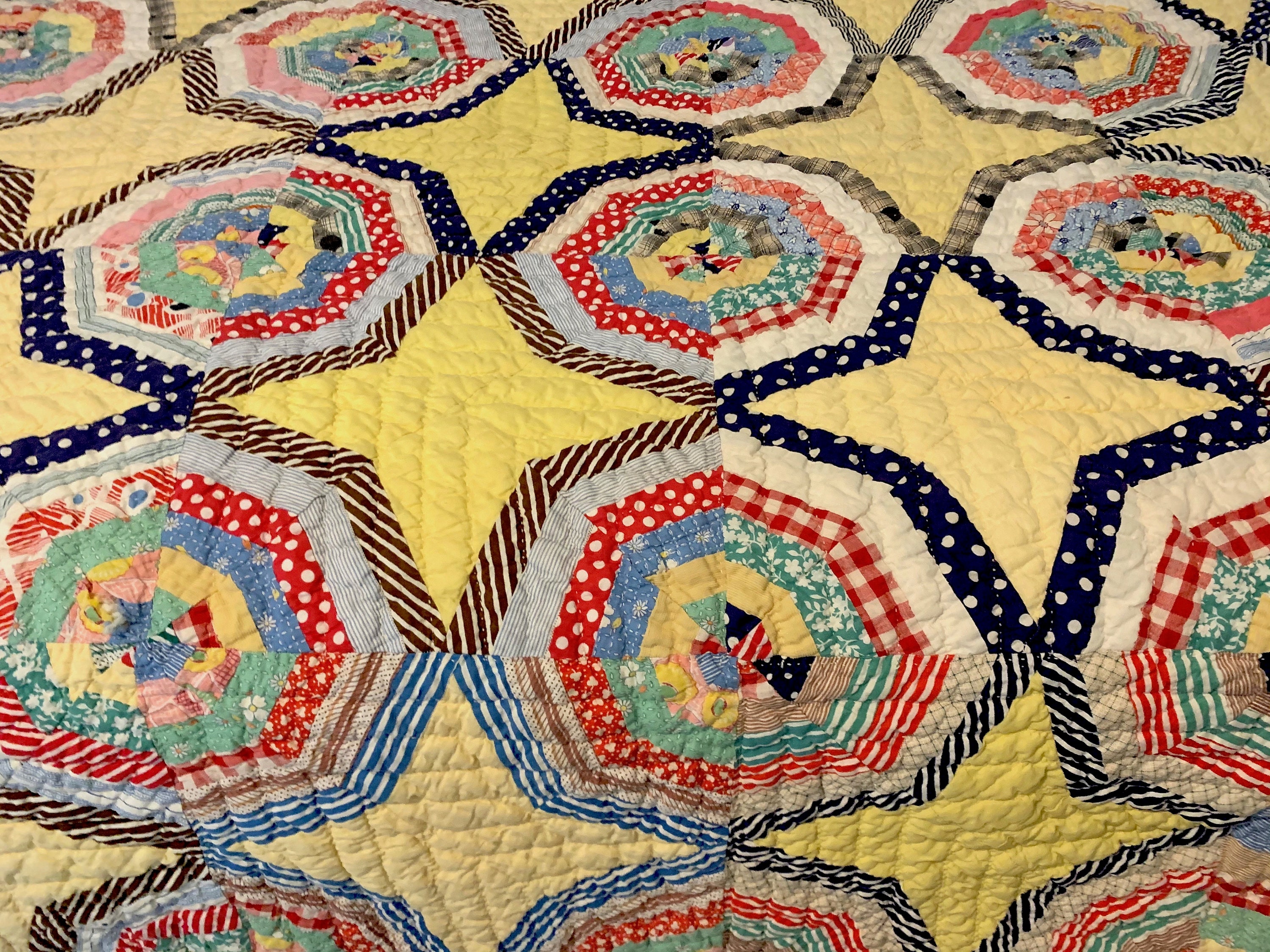 Vintage Handmade Quilt, Yellow Spider  Quilt, Octagon Shaped Square