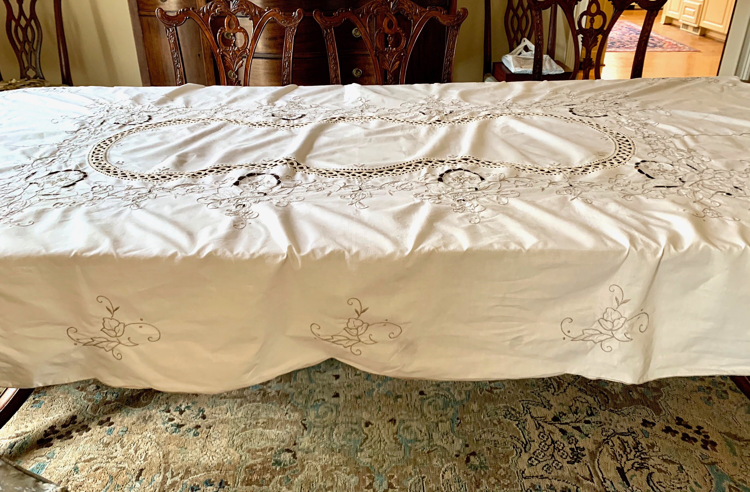 Ecru Madeira Style Tablecloth, Vintage Cream with Taupe Embroidered