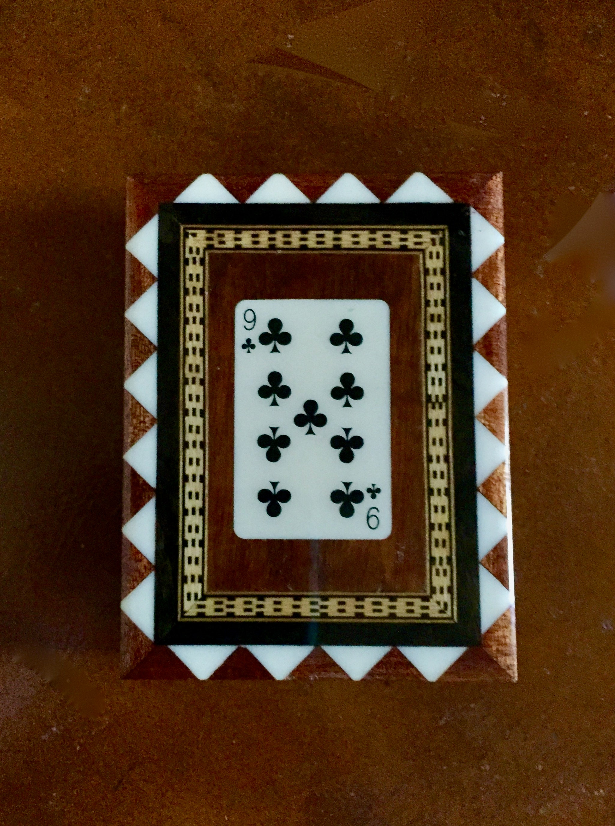 Wooden Game Card Box, Small Faux Marquetry Playing Card Box, Trinket