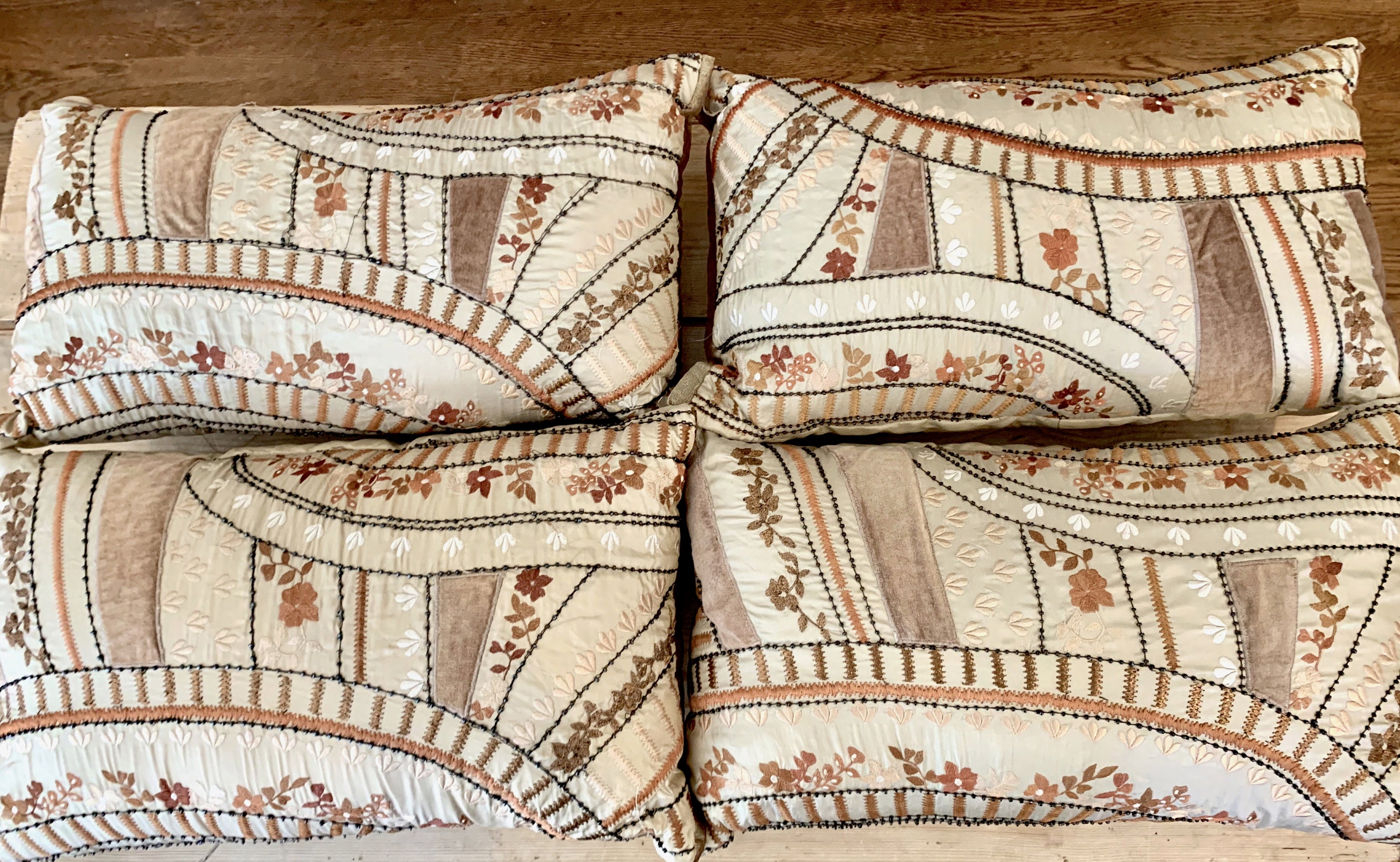 Vintage Pier I Embroidered Pillow, Beige Brown Black Boho Beaded Pillow