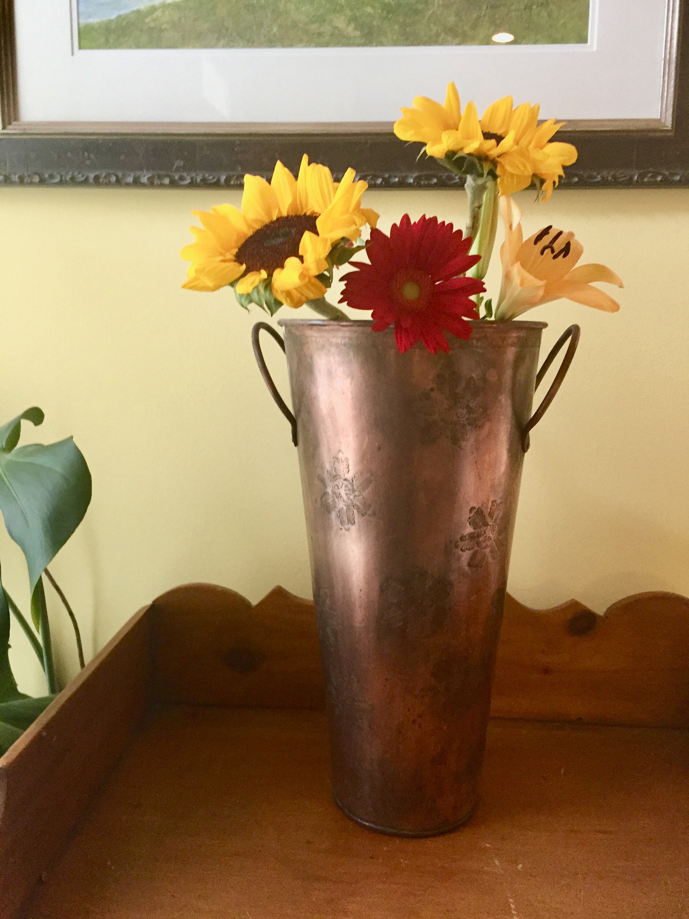 Tall Copper Flower Container, Vintage Copper Pail, Tall Flower Vase with Handles, French Country