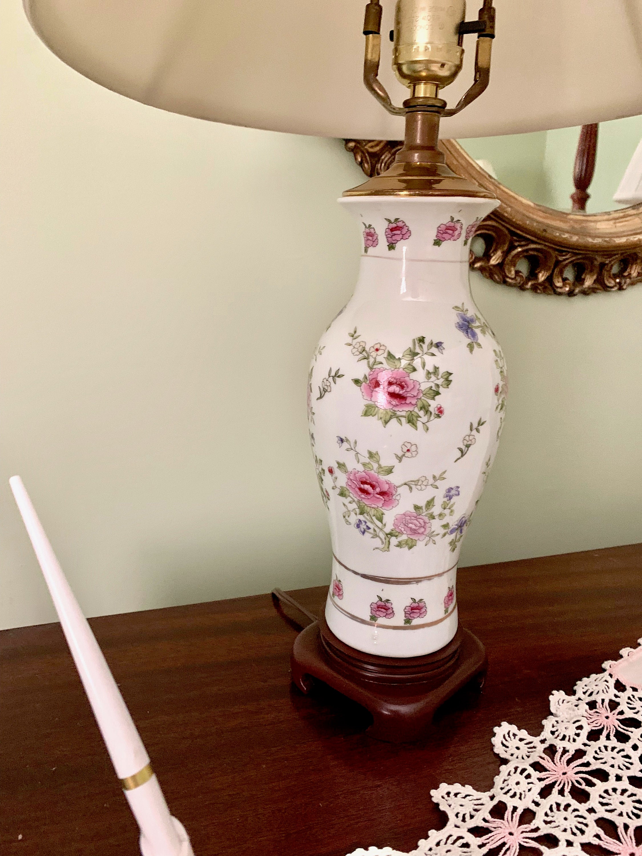 Reserve Christine, Pink White Porcelain Lamp, Floral Pink Asian Table