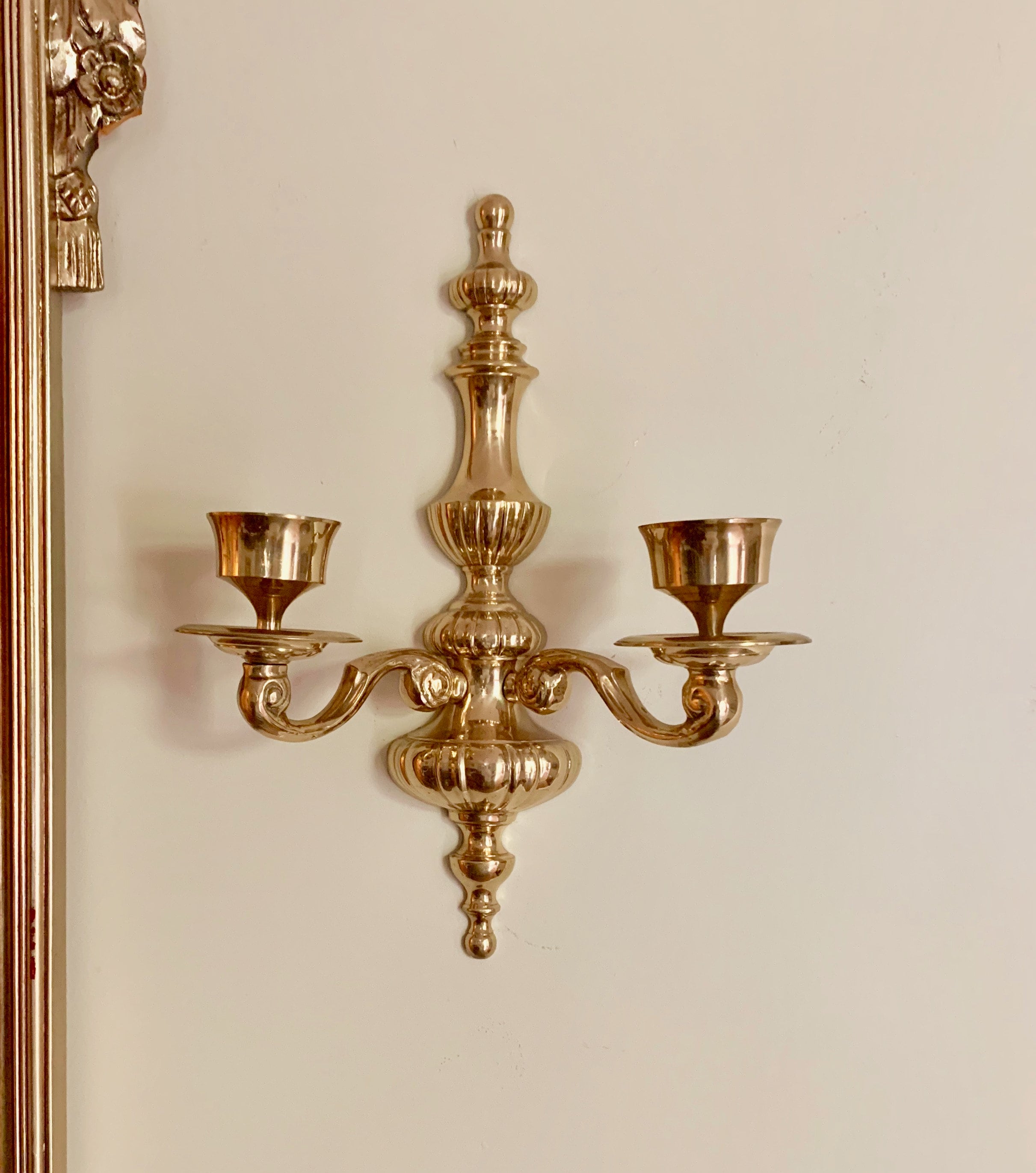 Pair Brass Candle Sconces, Vintage Heavy Brass Wall Candelabras