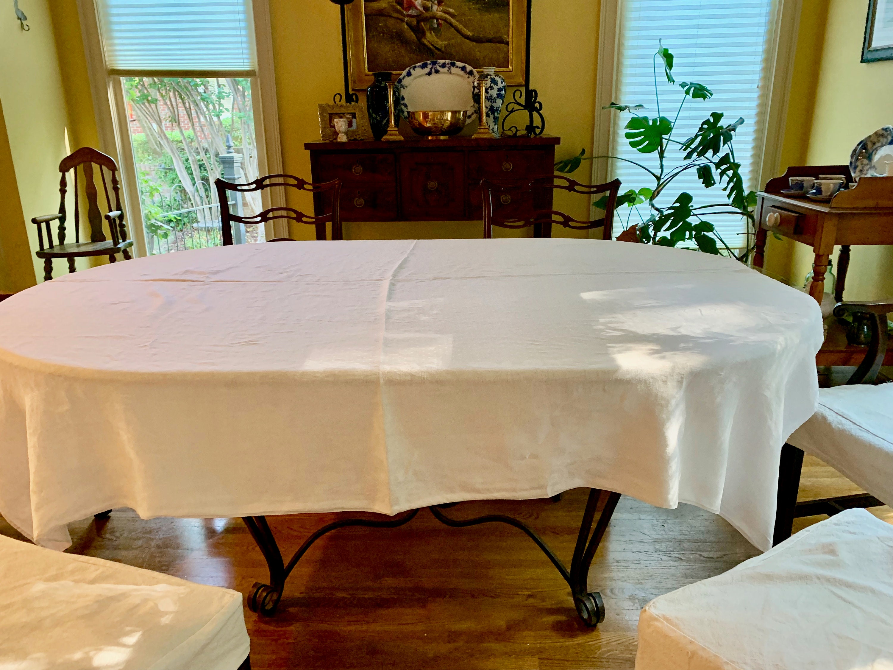 Damask Tablecloth, Vintage Linen Damask Table Cover, 68 x 68 Inches